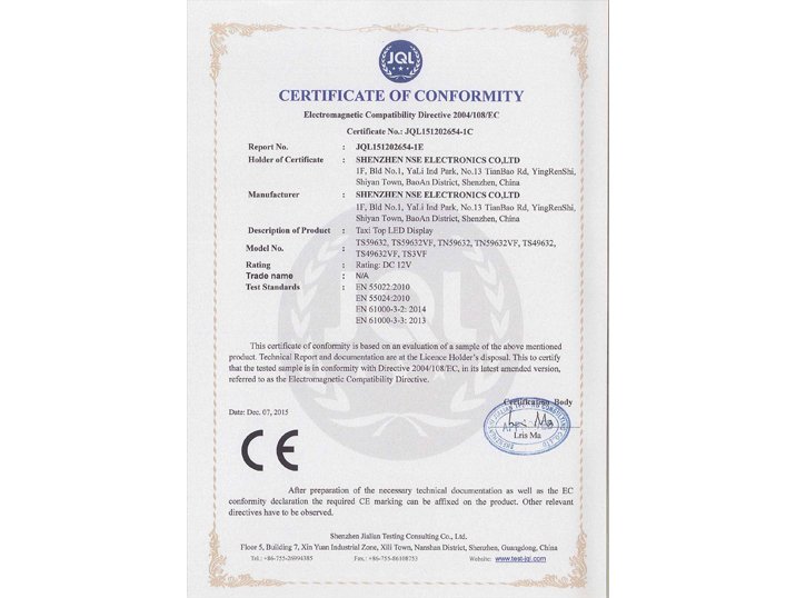 CE certificate No. JQL151202654-2C for NSE taxi-top LED display