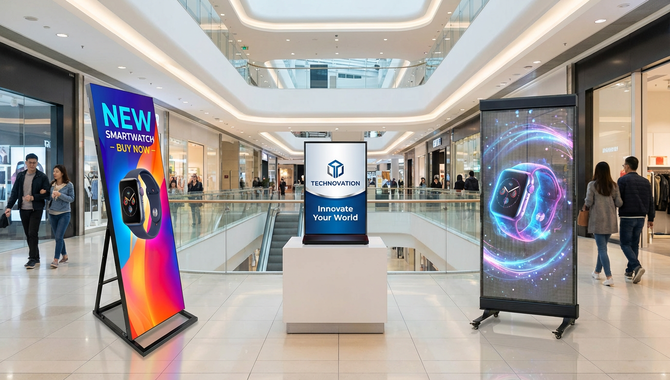 Freestanding digital signage displays promoting smartwatch and technology brands in shopping mall