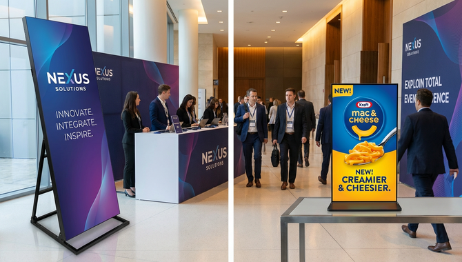 Comparison of large floor-standing and tabletop LED posters for corporate and retail marketing displays