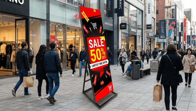 Outdoor vertical digital signage showing 50 percent sale promotion on busy shopping street