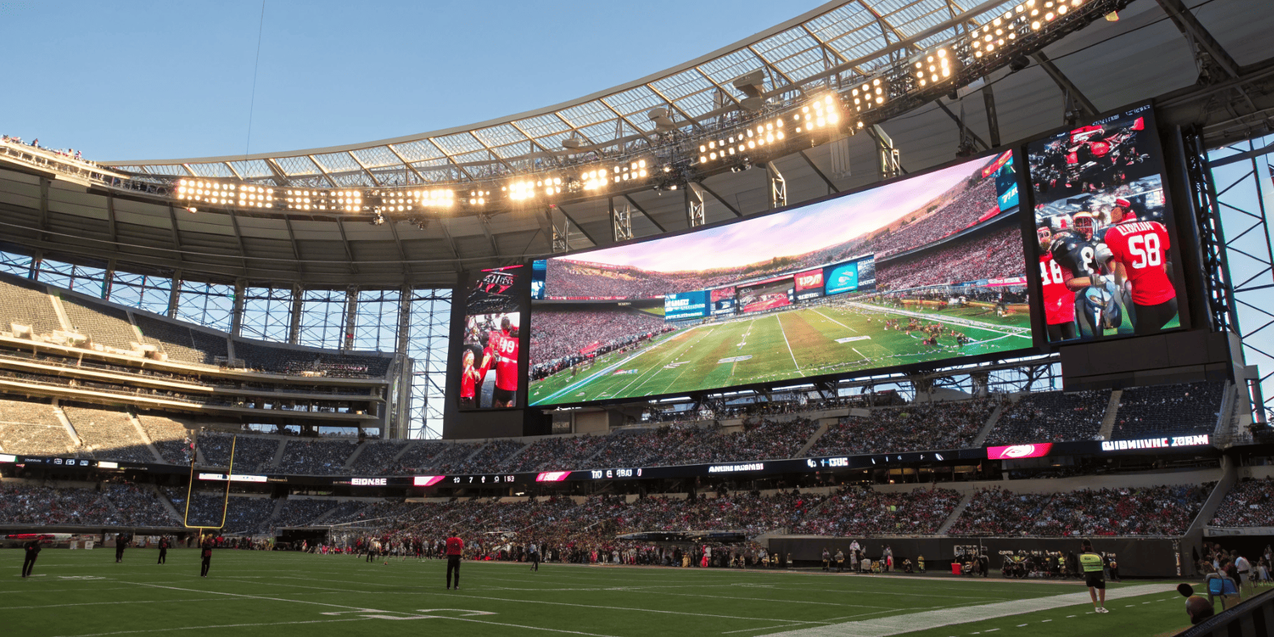 Massive LED scoreboard in packed football stadium