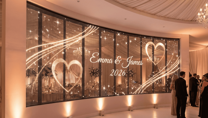 Transparent LED screen with wedding visuals in luxury event hall