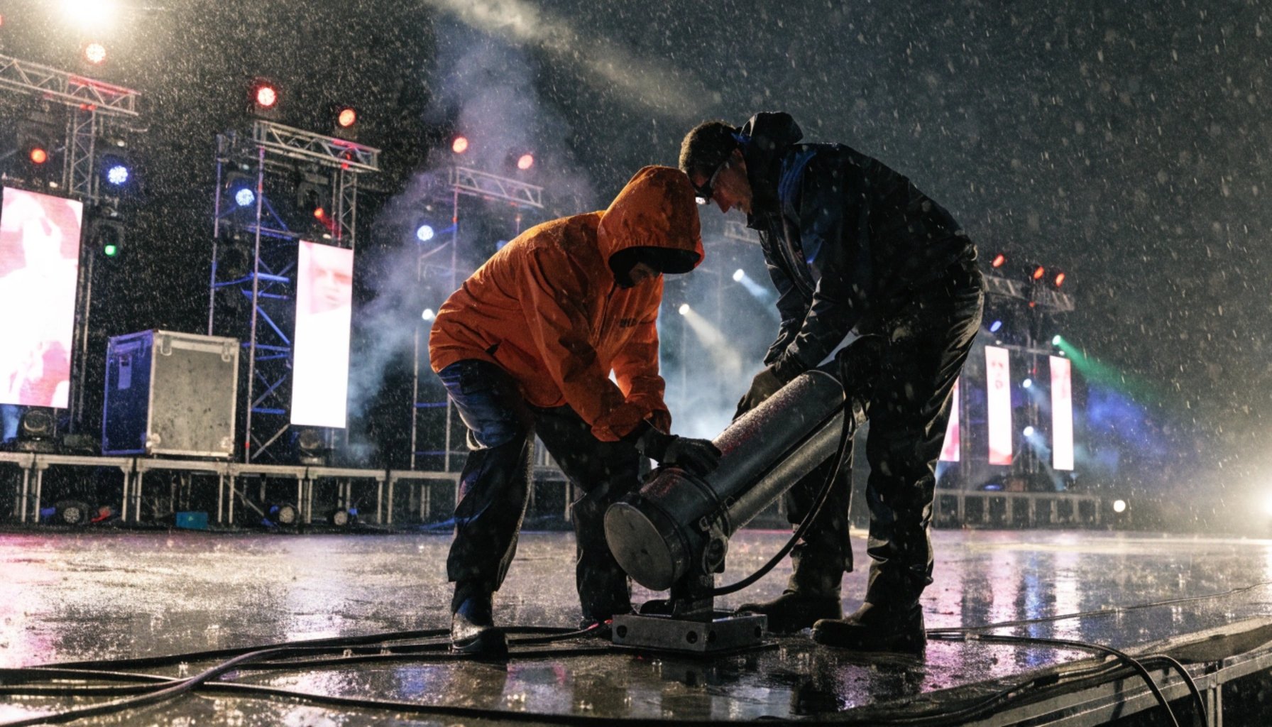 technicians installing CO2 cannon on outdoor concert stage in rainy conditions