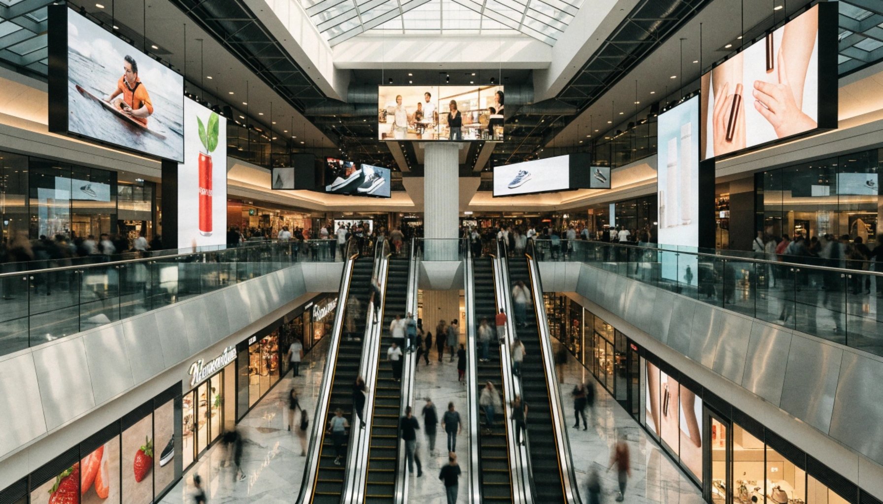 modern shopping mall with escalators and multiple LED advertising displays