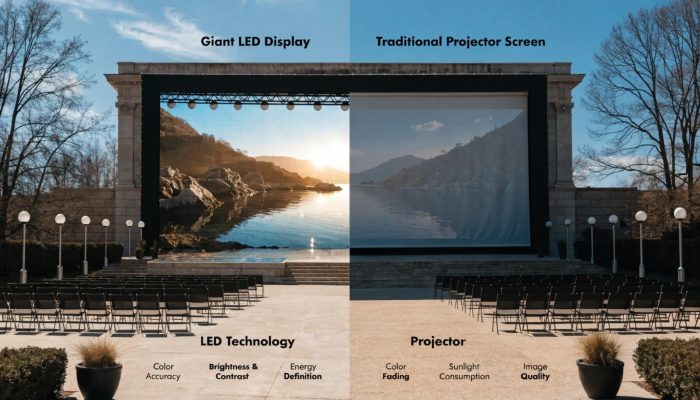 outdoor giant LED display vs projector screen brightness comparison daylight