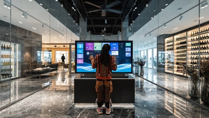 interactive touchscreen display in modern showroom smart retail experience