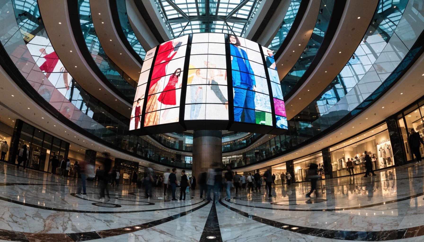 large cylindrical LED display with fashion ads in luxury shopping mall interior