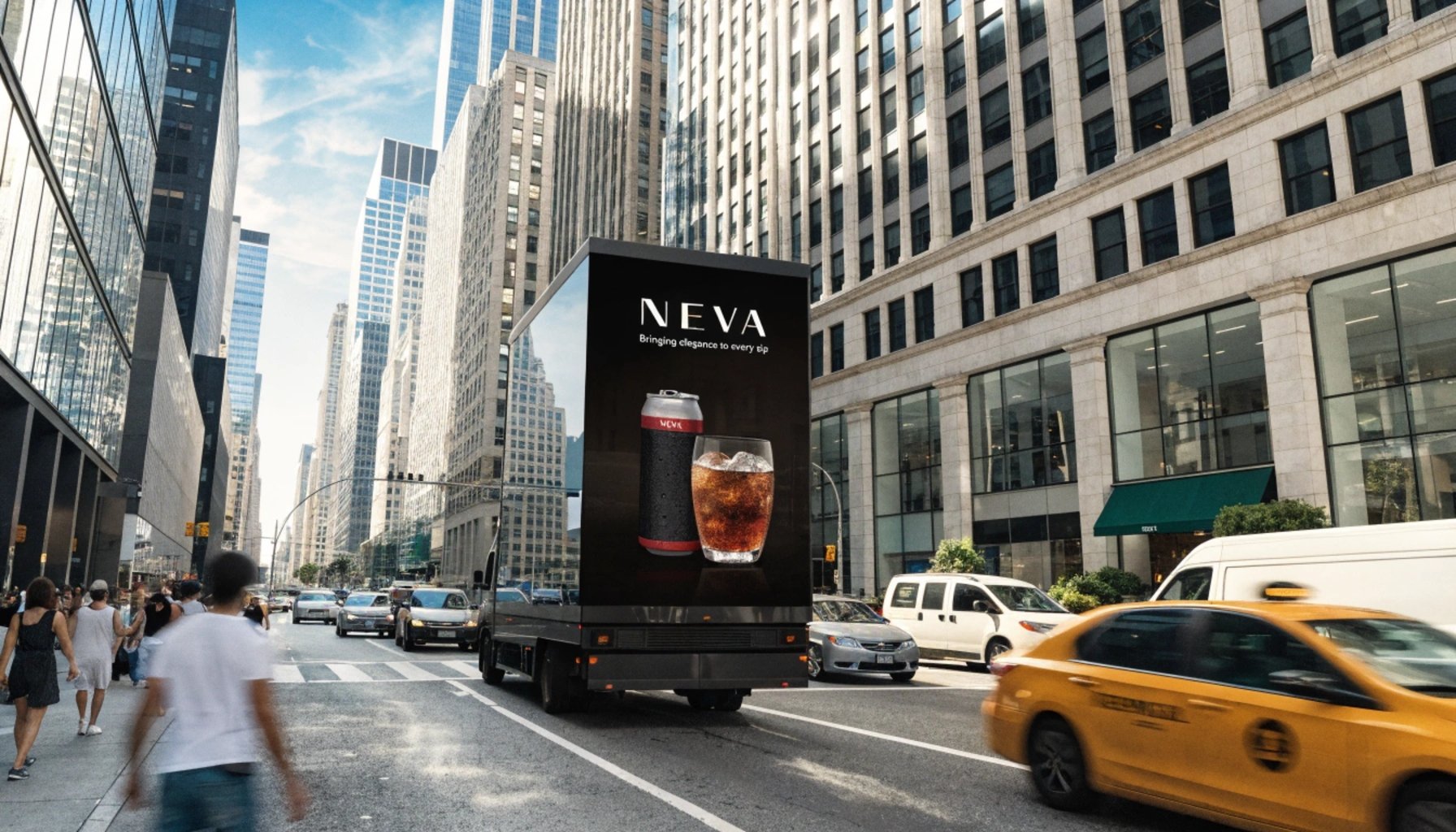 mobile LED billboard truck advertising beverage in busy city street