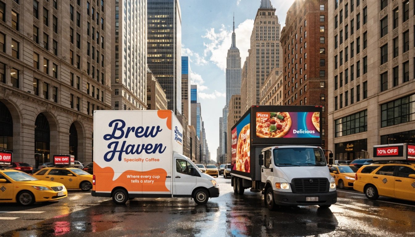 mobile advertising trucks LED billboard and branded delivery van city street