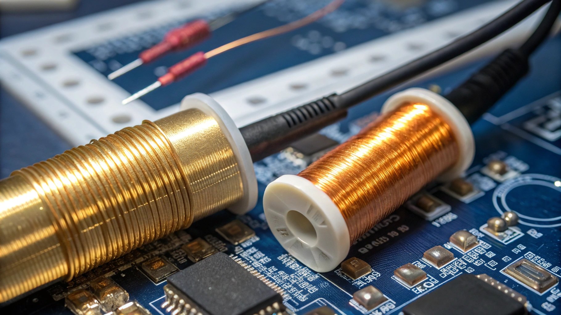 copper and gold solder wire on circuit board electronics closeup