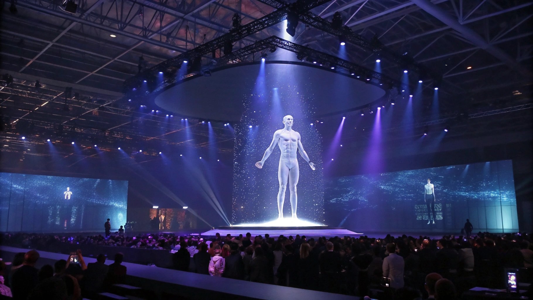 immersive holographic LED stage display at futuristic exhibition event