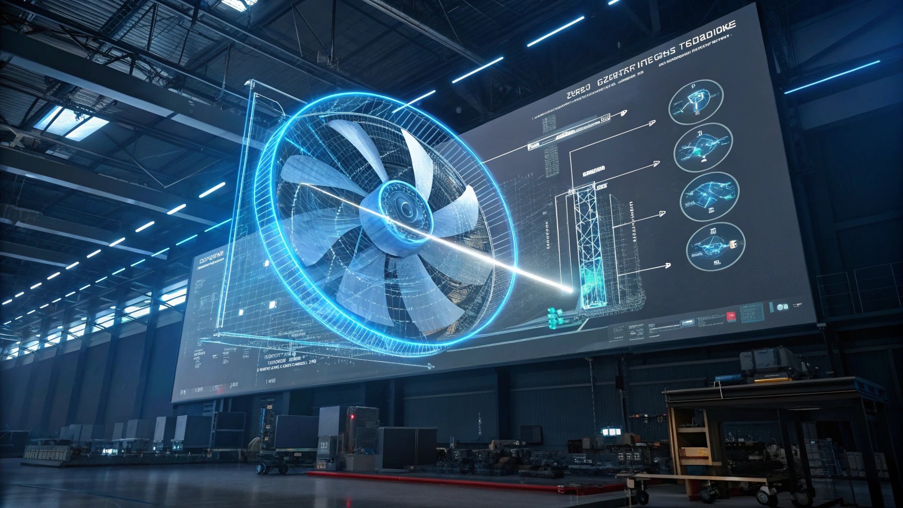 giant industrial LED display showing engineering simulation graphics