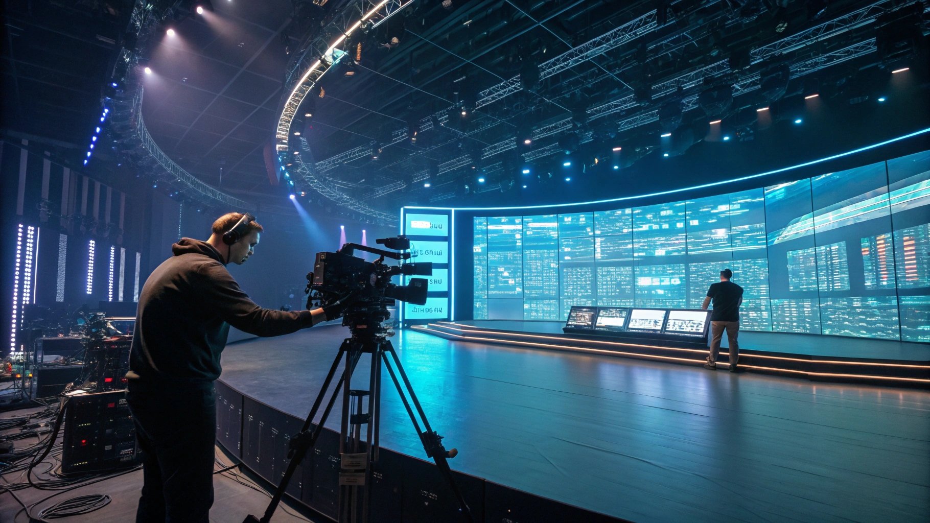Broadcast studio curved LED video wall for virtual production and live broadcasting