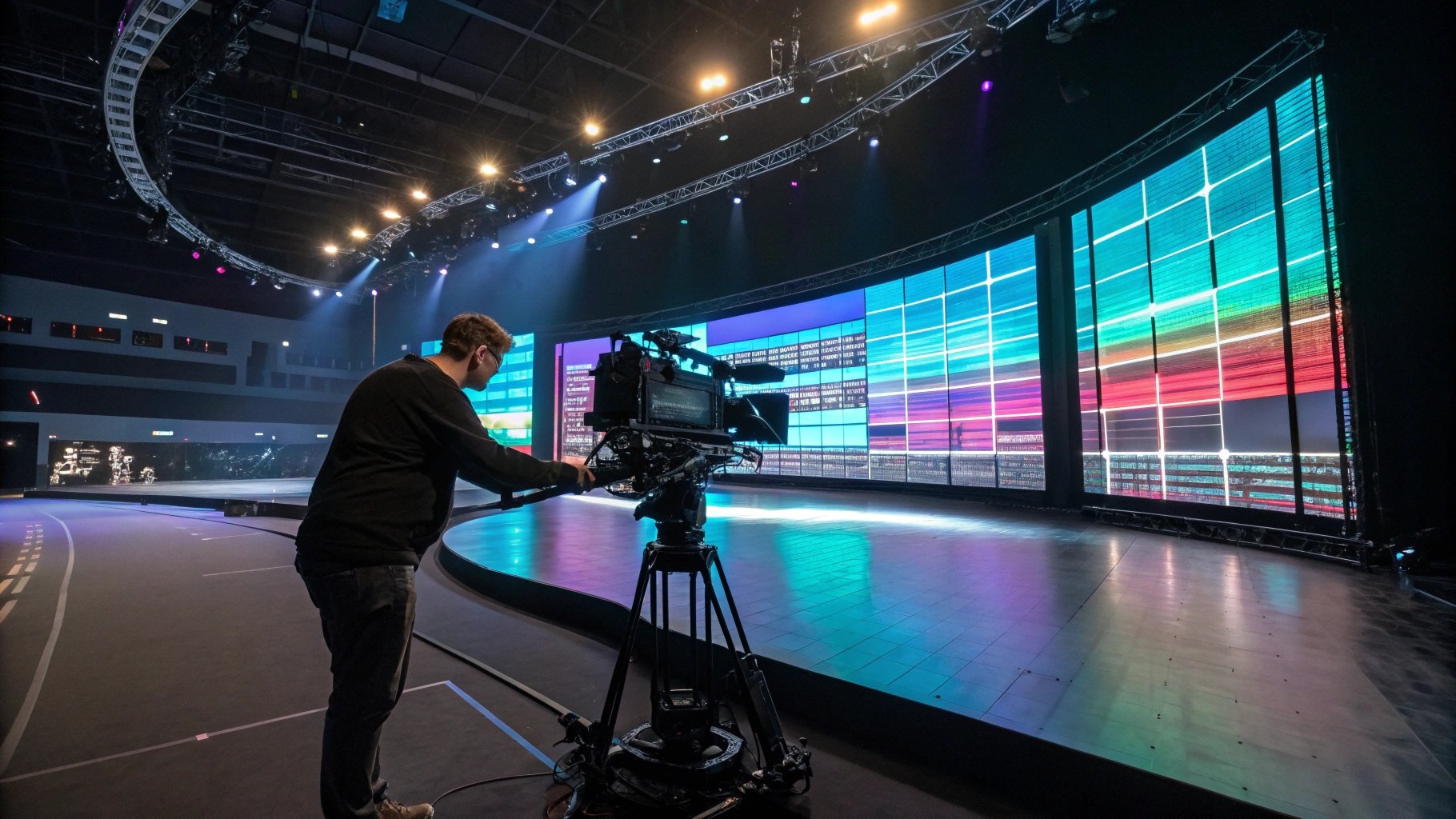 Curved LED video wall display in virtual production and broadcast studio