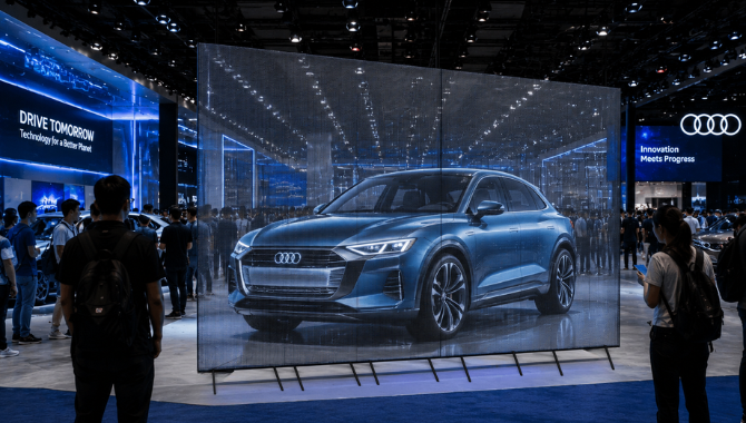USA trade show booth with transparent holographic LED display