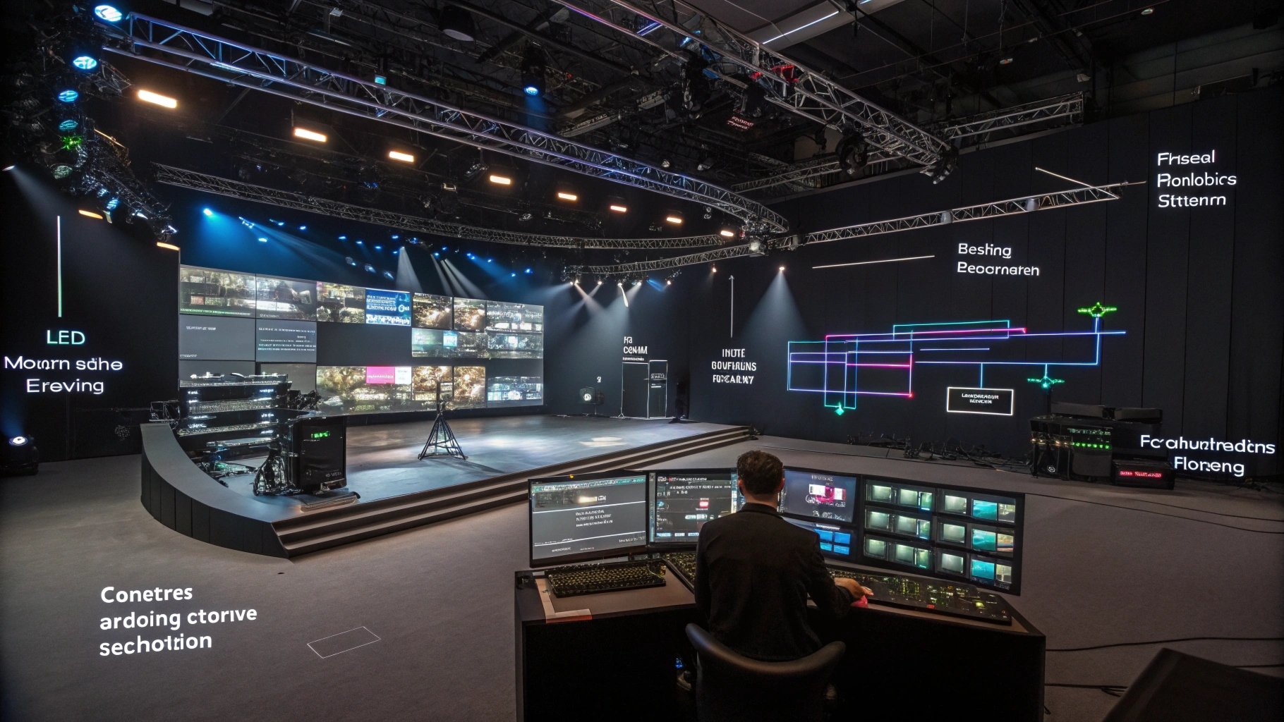 LED virtual production studio with immersive video walls and broadcast control systems