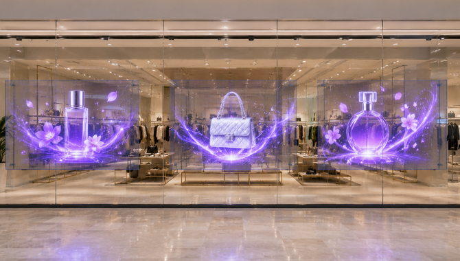 Holographic LED display used in shopping mall walkway promotion area
