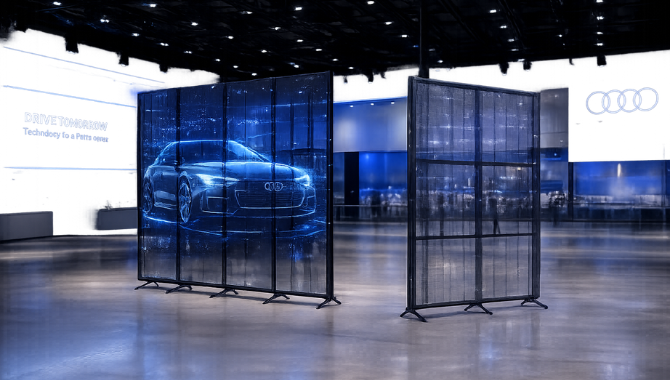 Transparent holographic LED screen for trade show product presentation