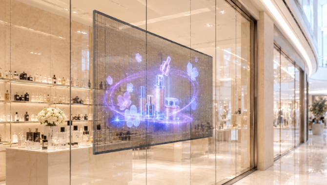 Holographic LED display used in shopping mall walkway promotion area
