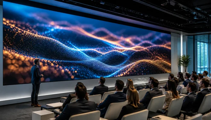 Seamless LED video wall installed in a premium corporate auditorium