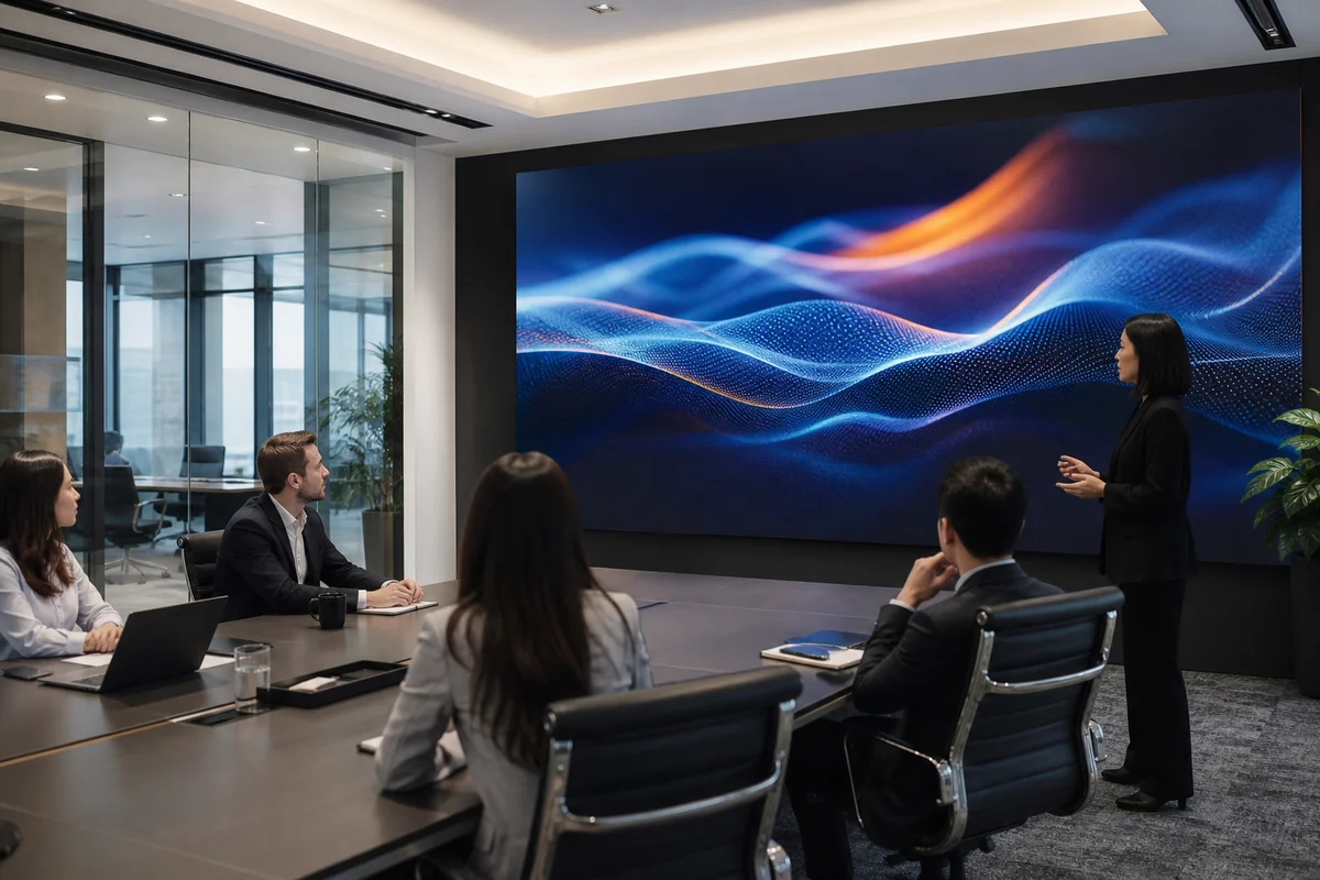 Fine-pitch indoor LED screen installed in a corporate conference room