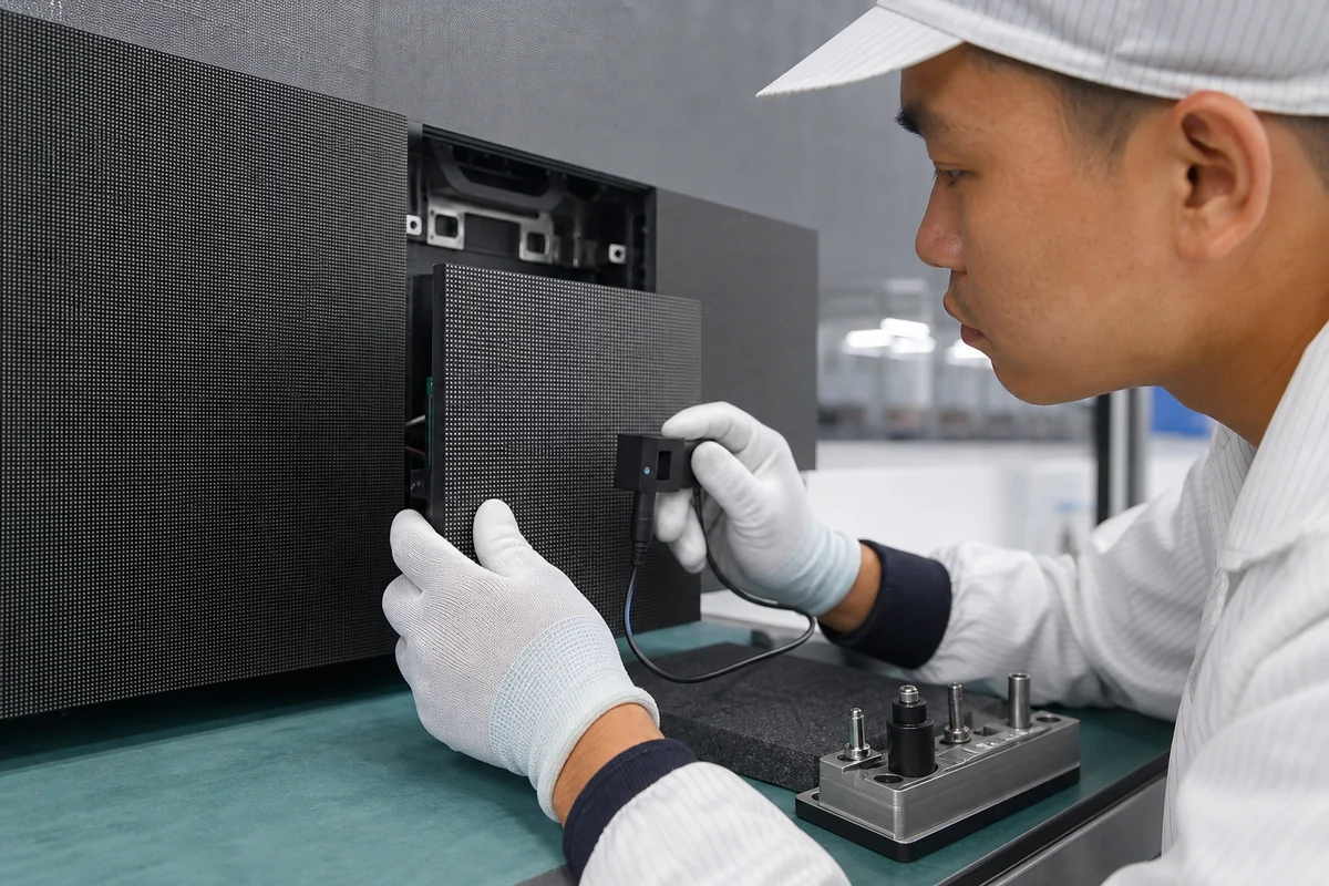 Technician inspecting modular LED screen cabinet precision and LED module quality