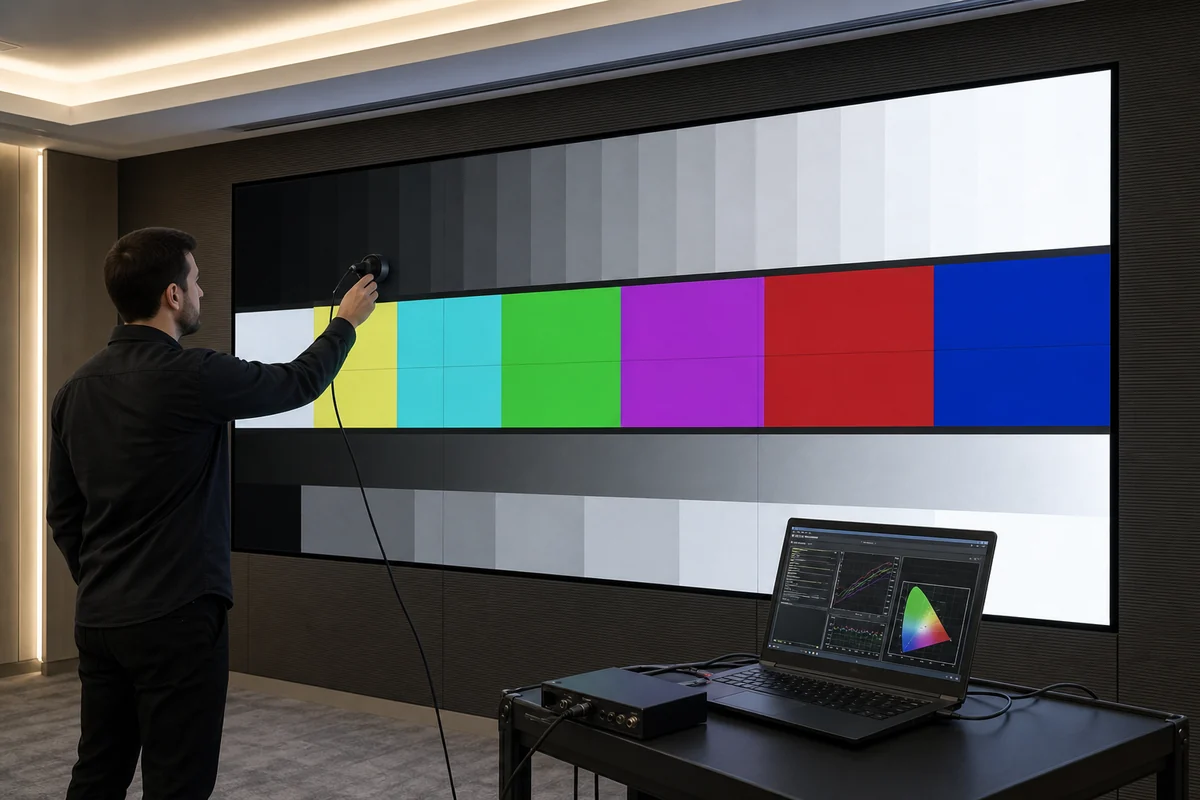 Engineer performing LED video wall brightness and color calibration after installation