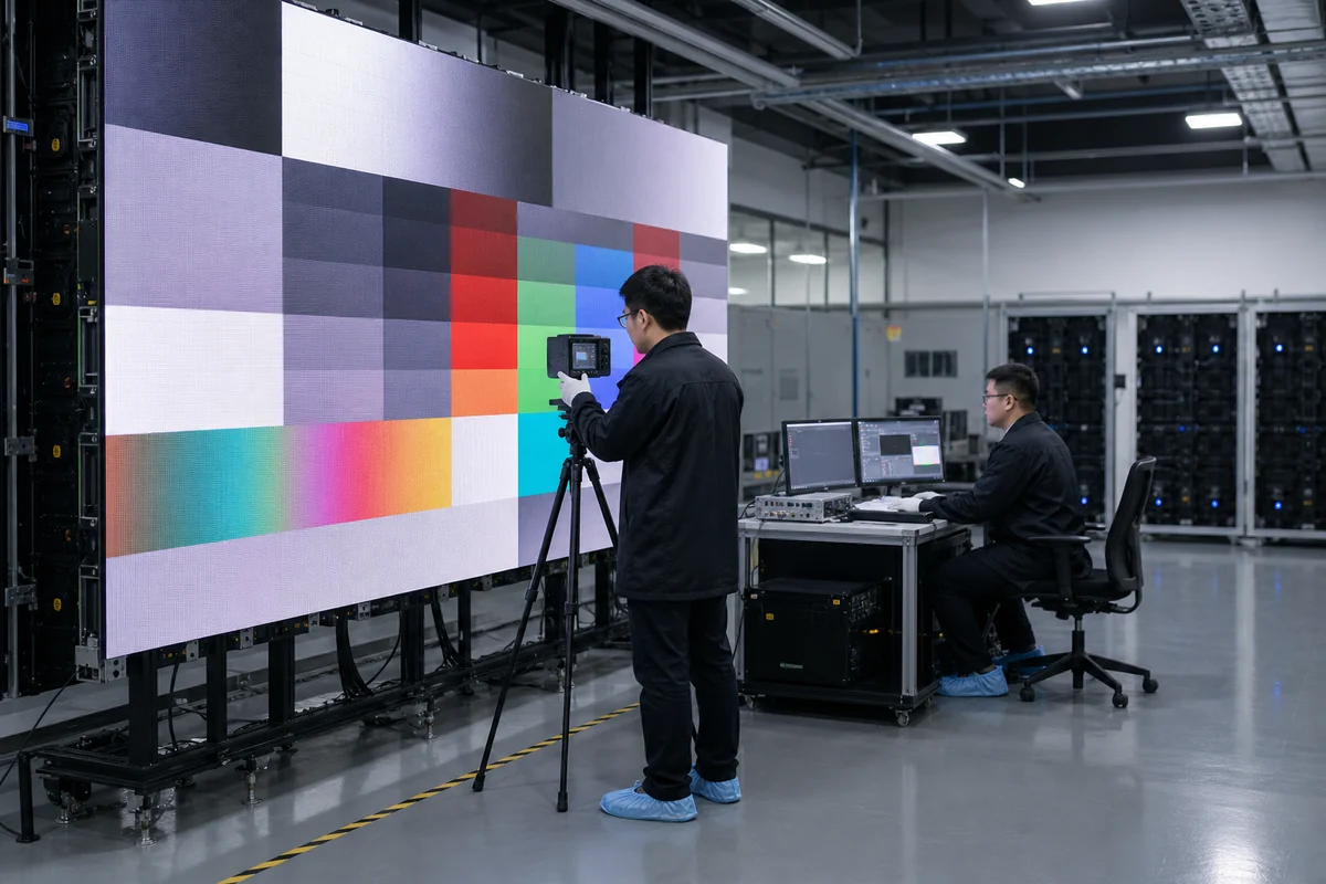 Factory calibration and aging test for a fine-pitch LED video wall