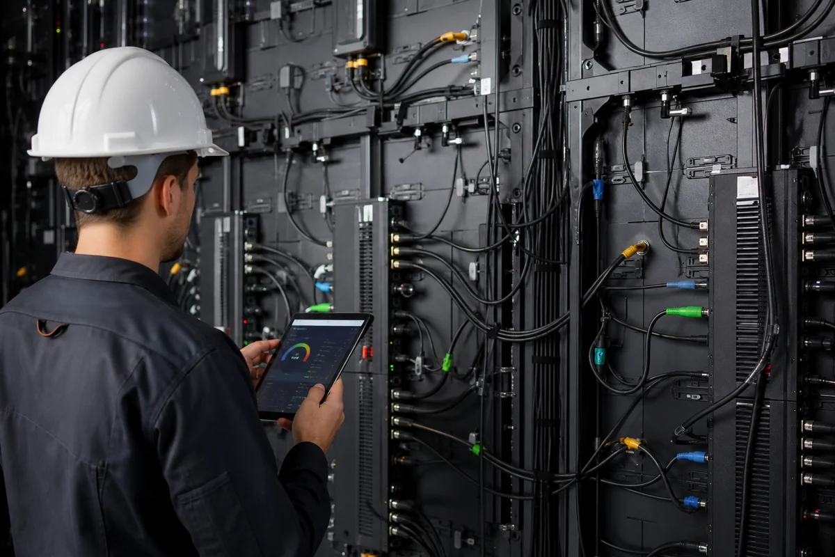 Technician checking LED wall power distribution and signal cabling