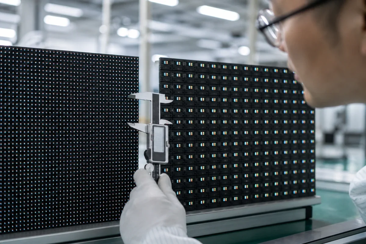 Technician inspecting Micro LED pixel pitch and pixel density