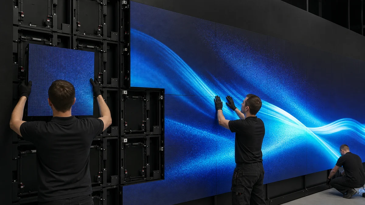 Technicians assembling modular LED screen cabinets into a seamless video wall