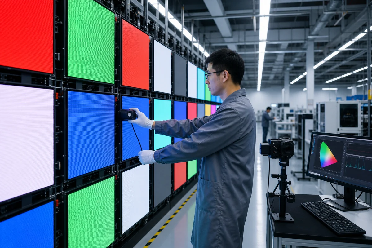 Modular LED wall cabinets undergoing factory color calibration and quality inspection