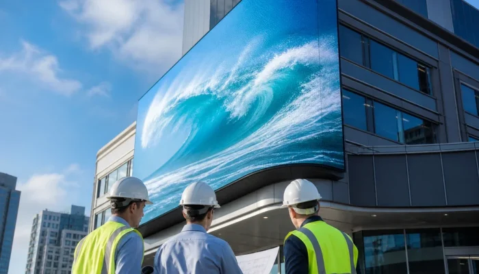 Outdoor LED screen manufacturer engineers reviewing a high-brightness facade display project