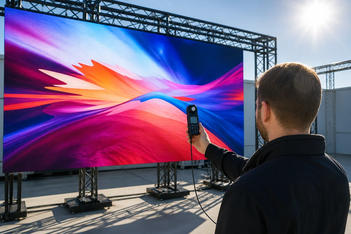 Technician measuring outdoor LED screen brightness under direct sunlight