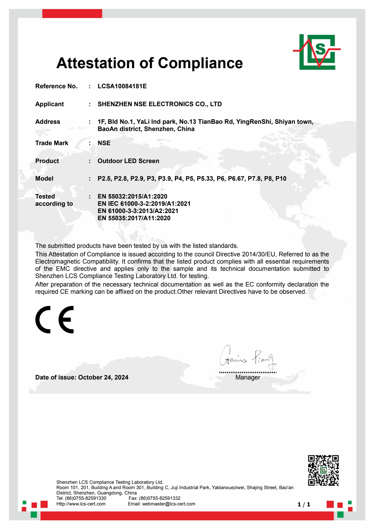 CE EMC Attestation of Compliance No. LCSA10084181E for NSE outdoor LED screen, issued by Shenzhen LCS Compliance Testing Laboratory Ltd., October 2024