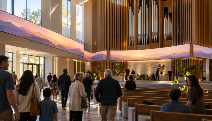 Panoramic architectural LED ribbon integrated with acoustic fins in a modern worship sanctuary