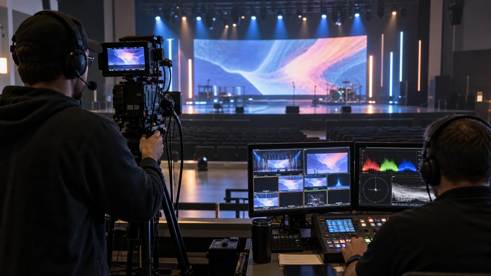 AV team testing camera performance and livestream compatibility with a church LED video wall