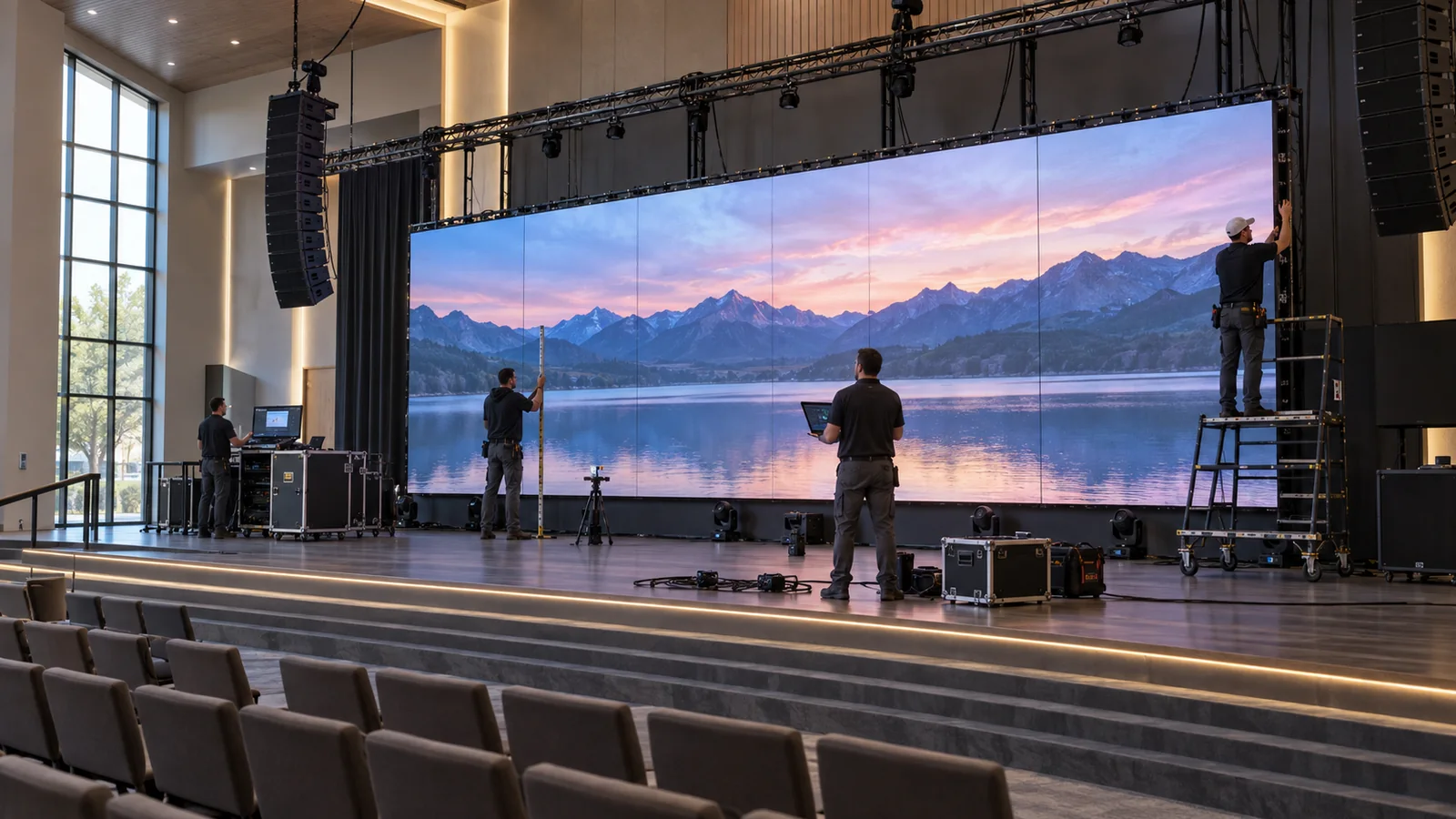 Installation team commissioning cabinet alignment and image uniformity on a church LED video wall
