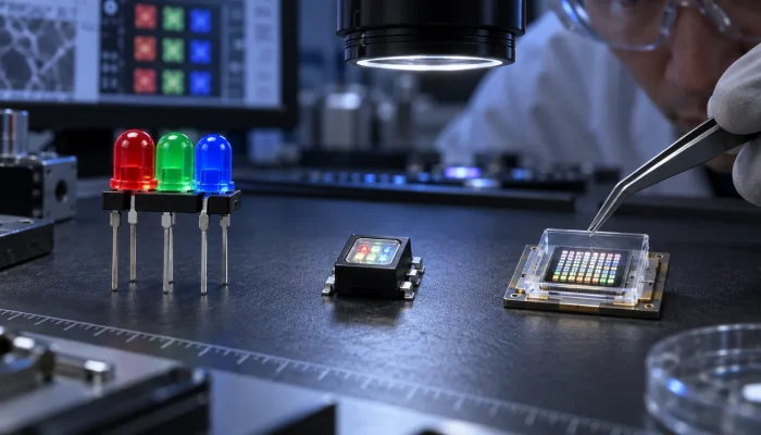 Macro comparison of DIP, SMD and Flip Chip LED display packaging structures on an engineering lab bench