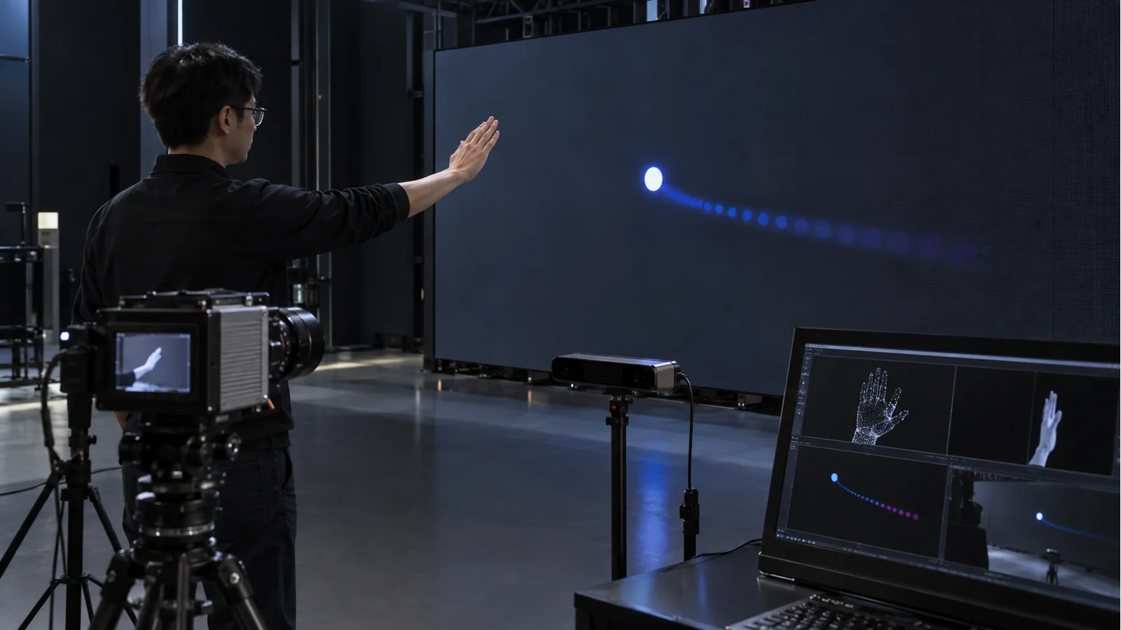 Engineer testing gesture-tracking accuracy and response latency with a depth sensor and high-speed camera