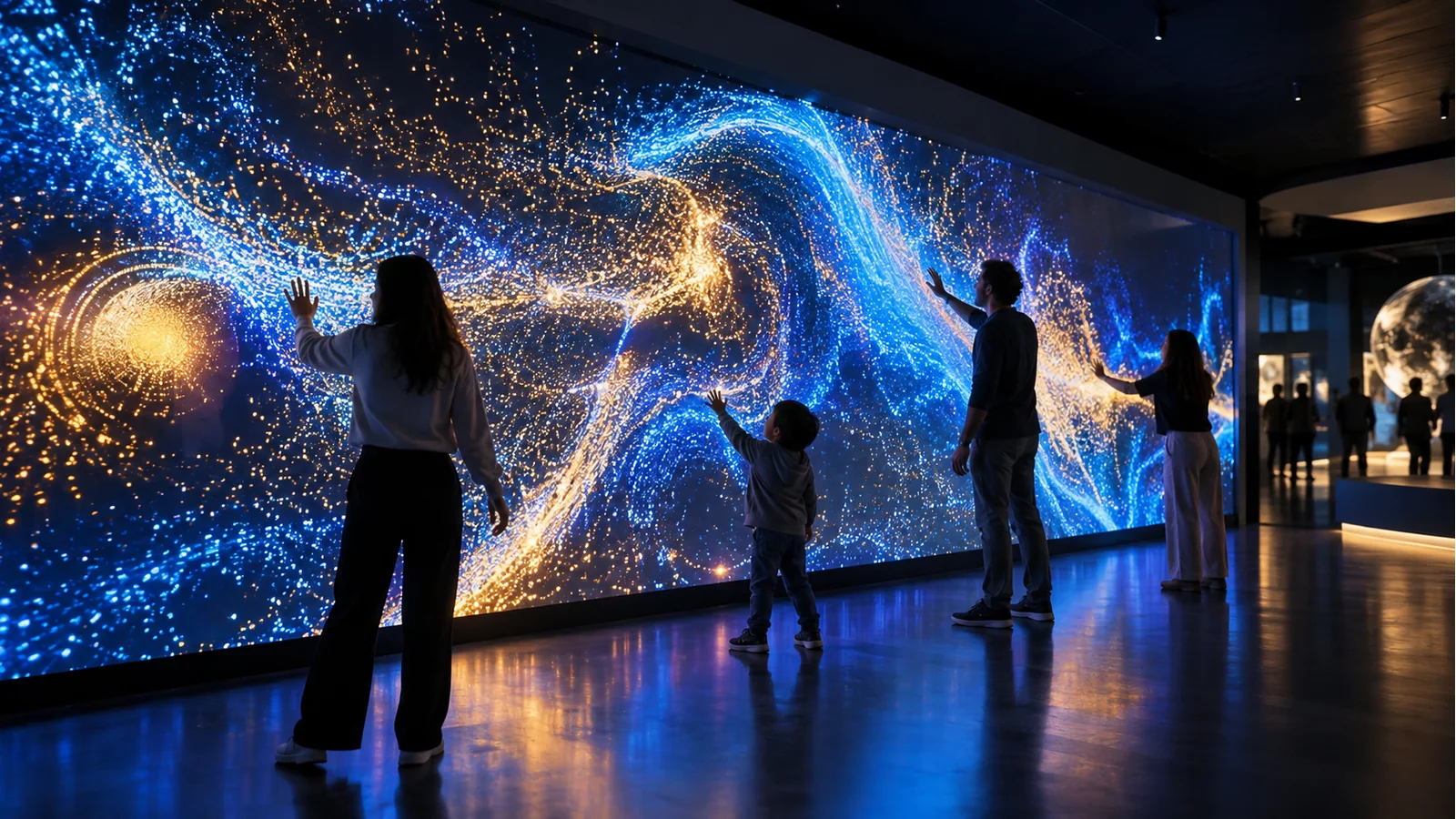Visitors using gestures to interact with an abstract particle experience on a museum LED wall
