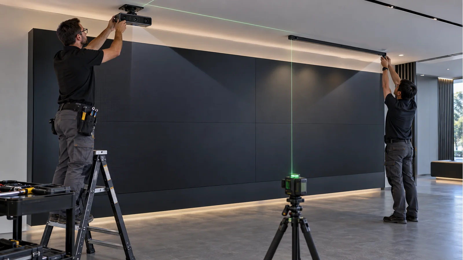 AV engineers aligning ceiling-mounted depth cameras and infrared sensors above an interactive LED wall