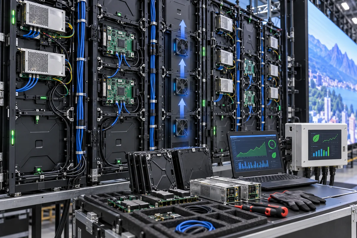 Rear-service LED display showing power systems cooling receiving cards maintenance tools and spare components