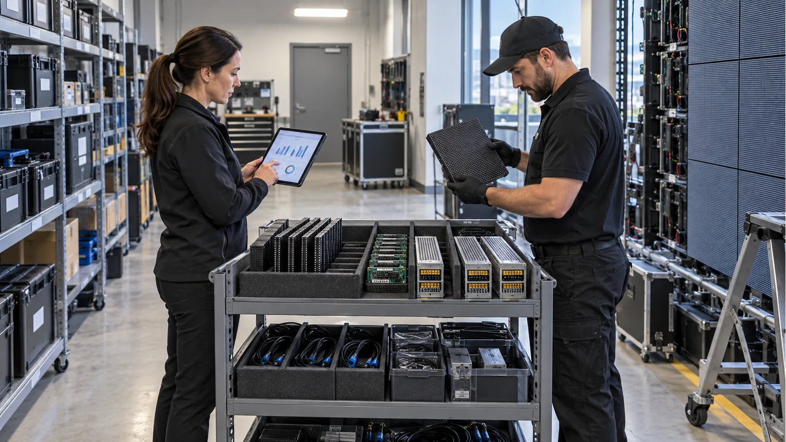 Maintenance team matching LED modules and managing receiving cards, power supplies and cable spares