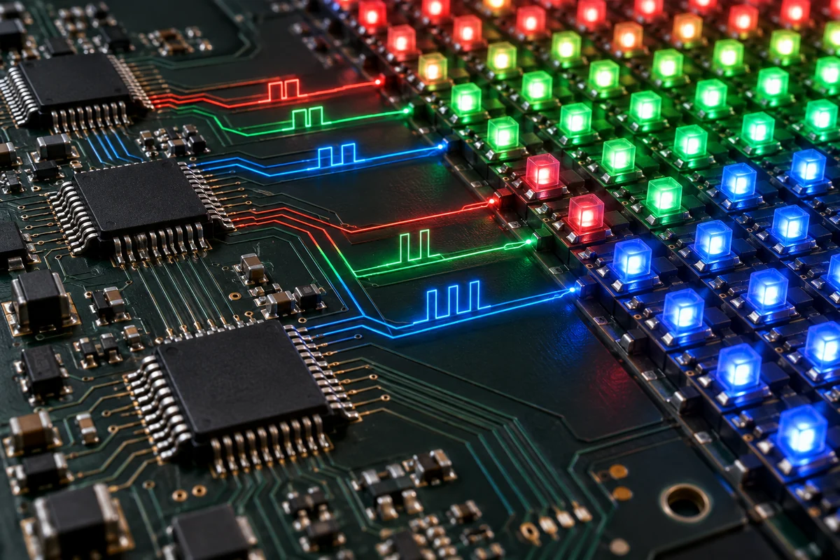 Macro view of LED driver ICs controlling PWM signals and red green blue pixels on an LED module
