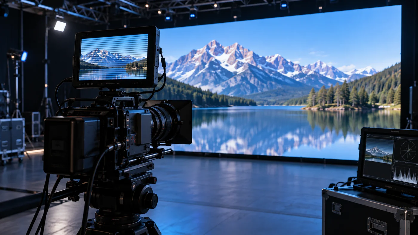 Cinema camera filming an LED wall while horizontal scan lines appear on the external camera monitor