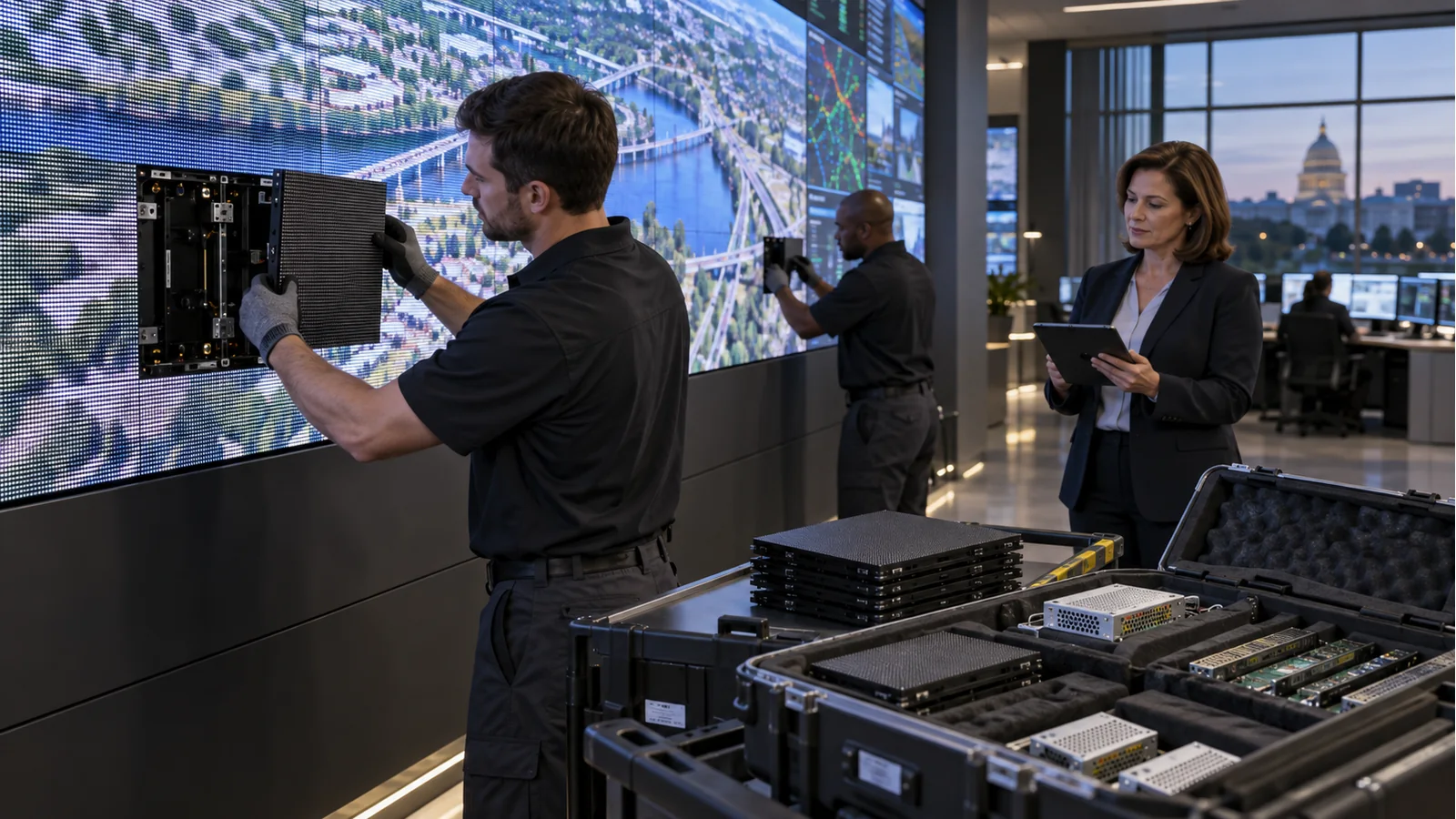 Technicians replacing front-service LED modules while reviewing spare parts and lifecycle maintenance planning