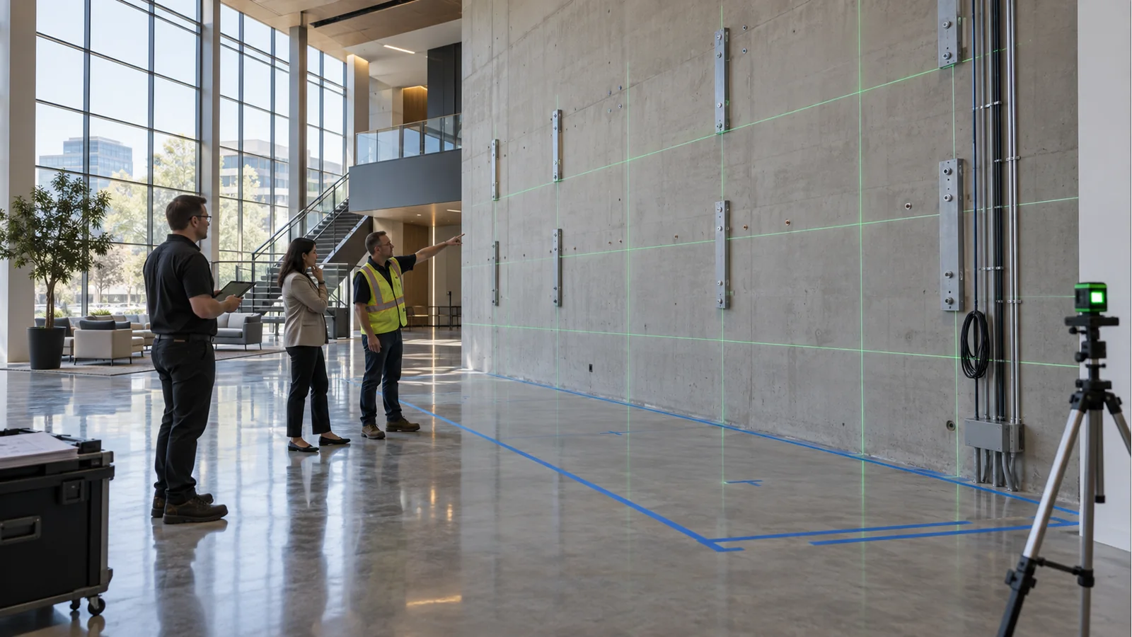 AV engineers reviewing laser layout lines and mounting points before LED video wall installation