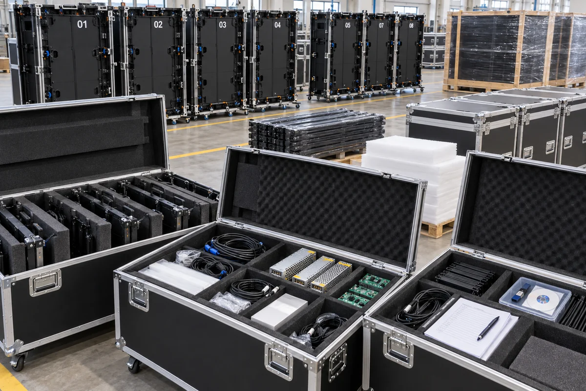 Inspected LED wall cabinets spare parts cables power supplies and receiving cards organized for shipment release