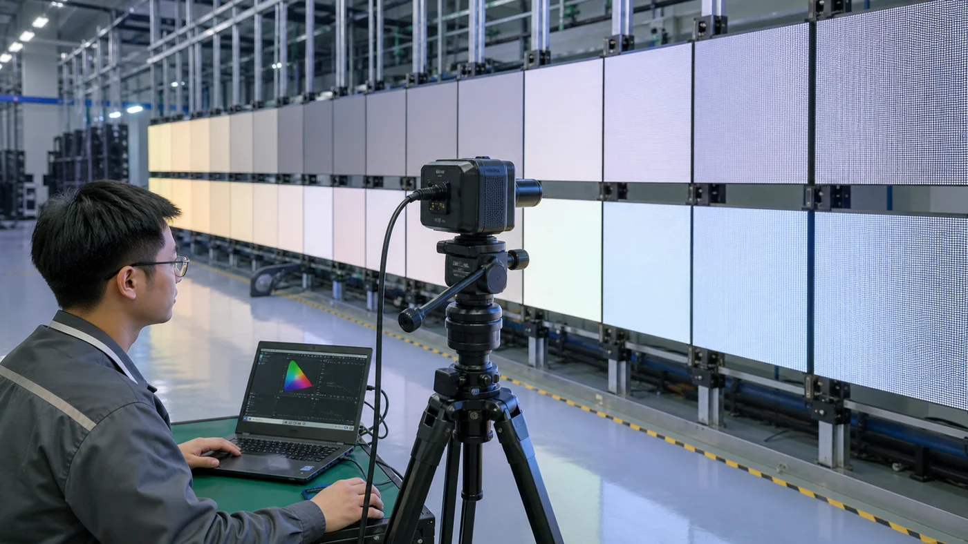 Engineer calibrating a modular LED wall in the factory